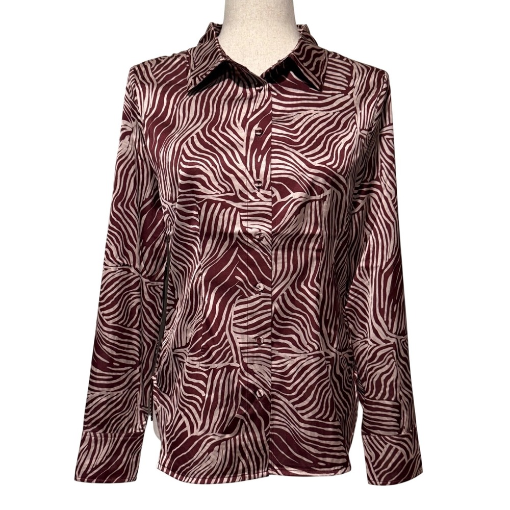 The Noli Shop Paulina Silk Blouse Slim Button  Up Zebra Print Burgundy Small